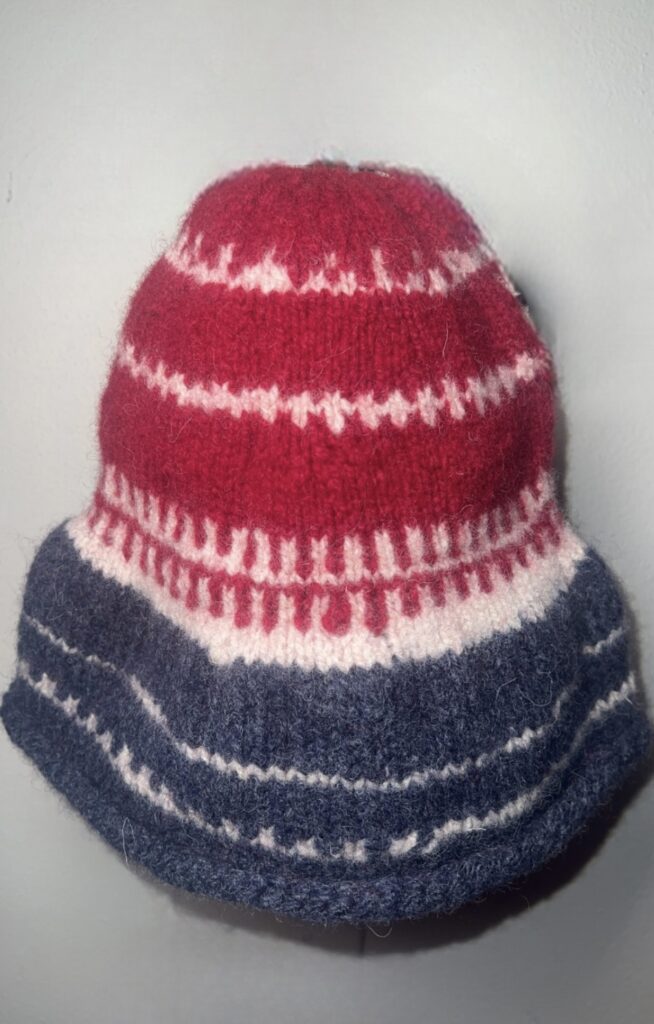 Hand Knit English Red, White and Blue Striped Cap, # 2 - Wm. Booth, Draper